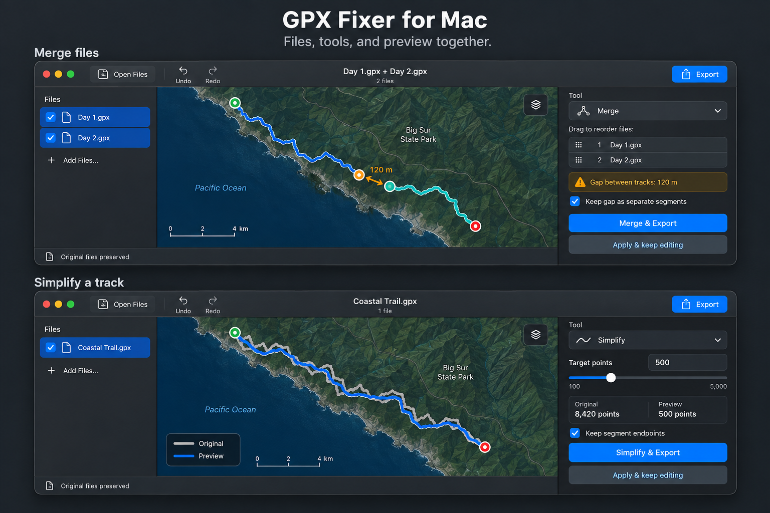 GPX Fixer for Mac showing merge and simplify tools