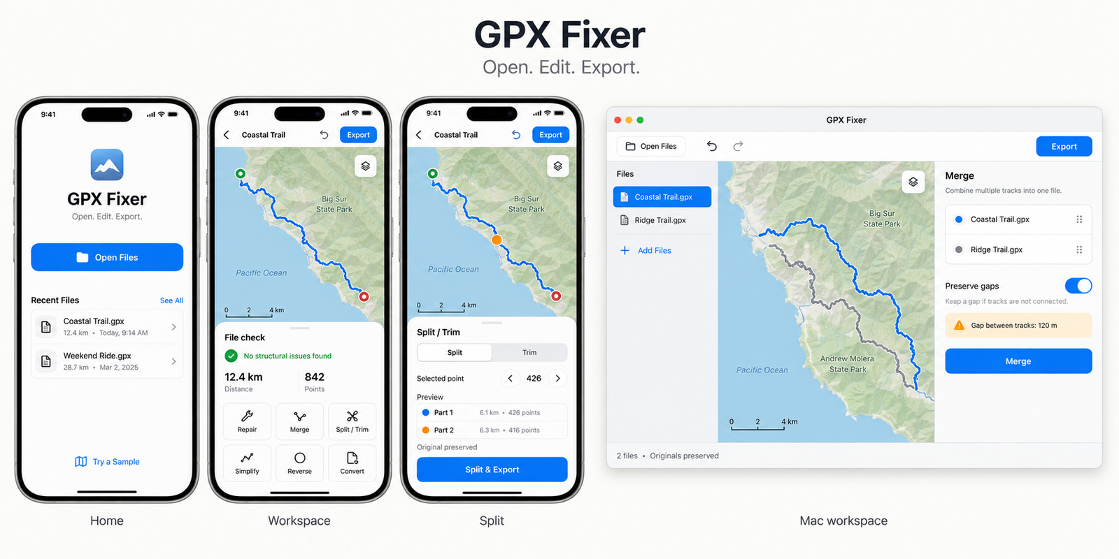 GPX Fixer shown on iPhone and Mac with route editing tools