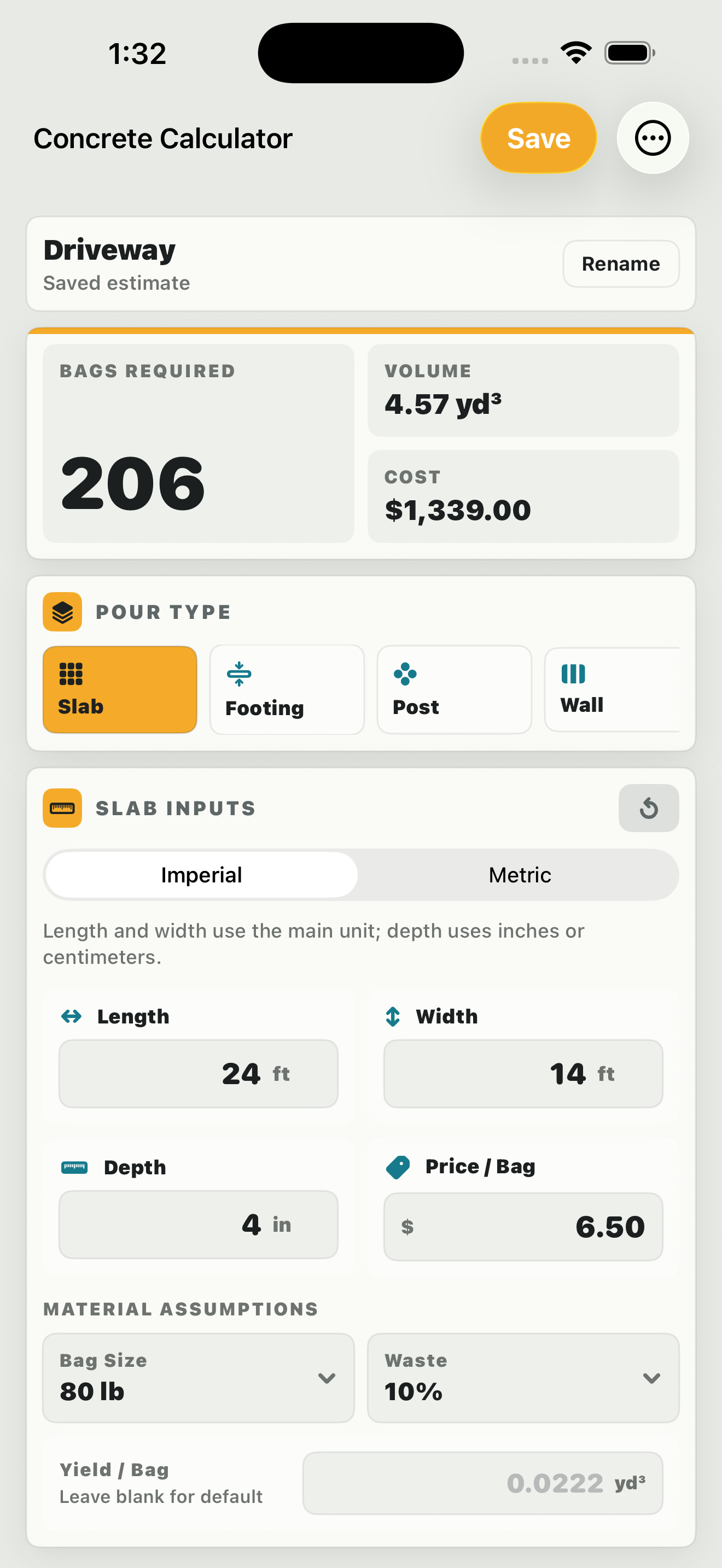 MixYard concrete calculator showing a driveway estimate