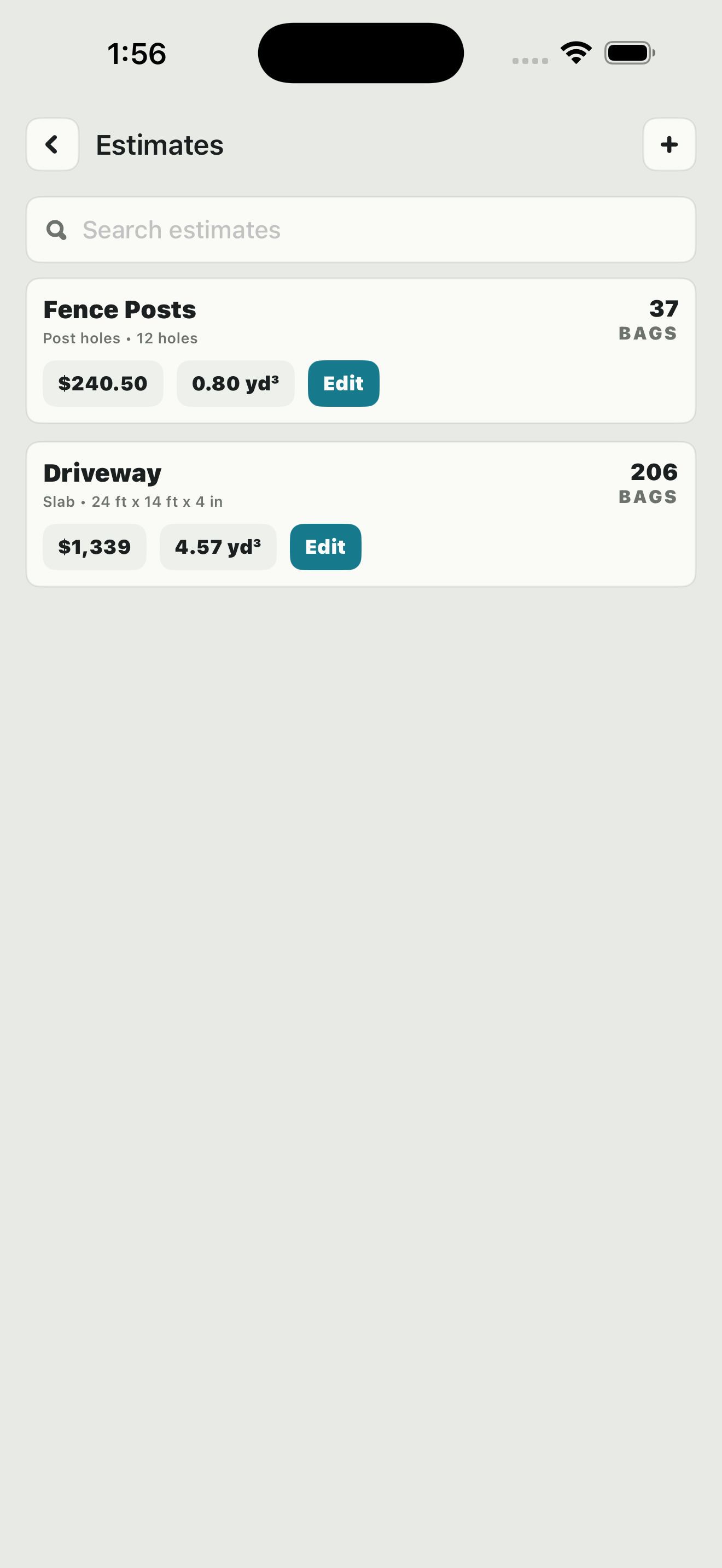 Saved concrete estimates in MixYard