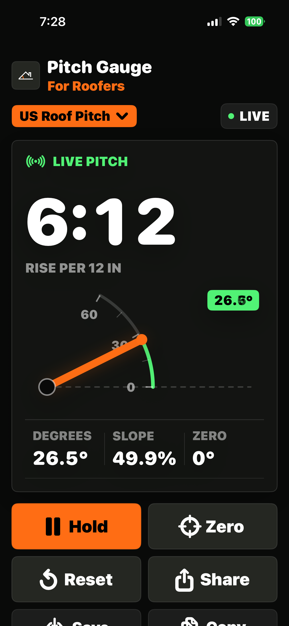 Pitch Gauge for Roofers showing a live roof pitch reading