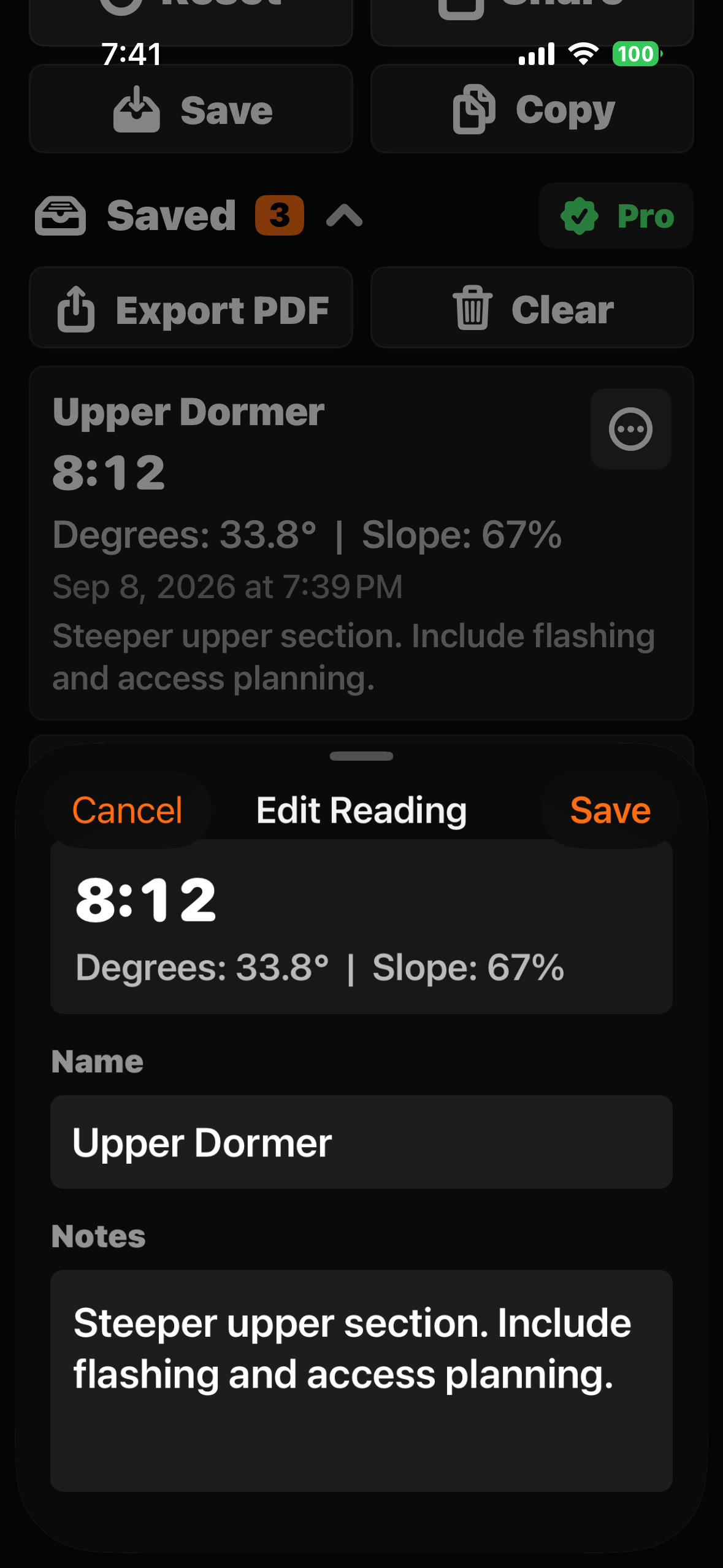 Roof pitch reading details in Pitch Gauge for Roofers