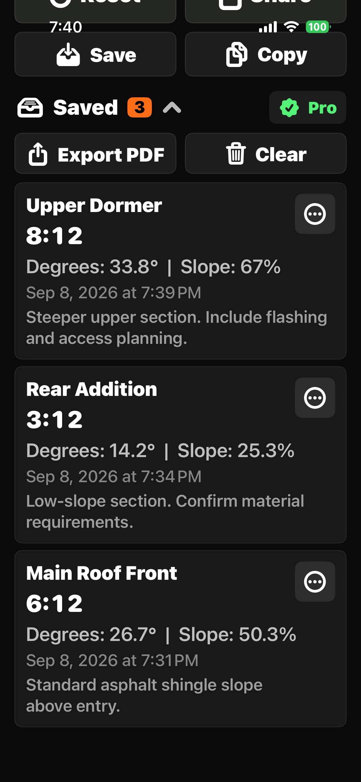 Saved roof pitch readings in Pitch Gauge for Roofers